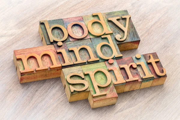 Body, mind and spirit word abstract in wood type — Stock Photo, Image