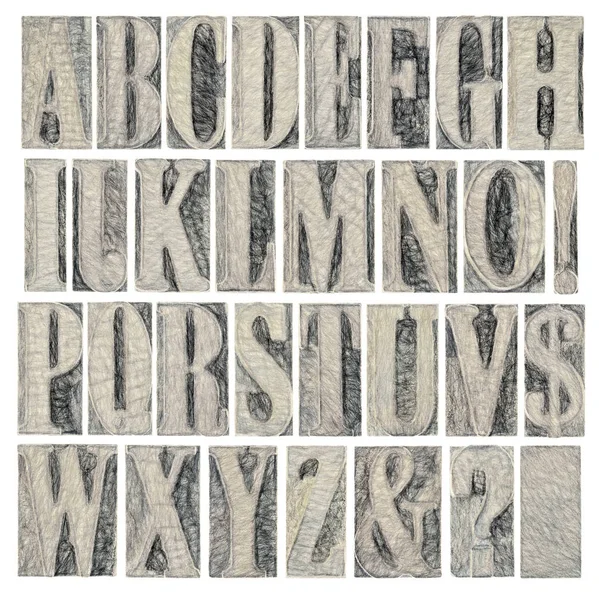 Alphabet and punctuation in wood type — Stock Photo, Image