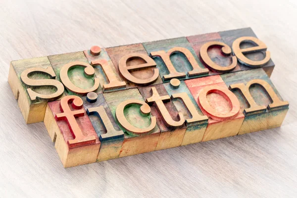 Science fiction word abstract in wood type — Stock Photo, Image