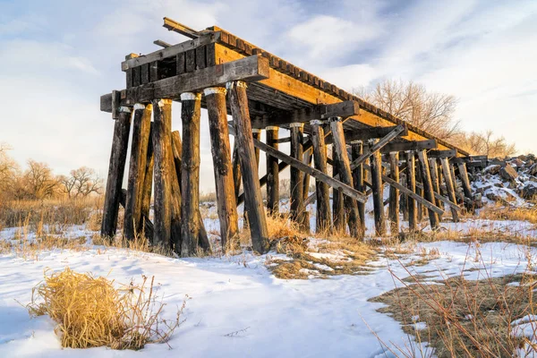 Destroyed railroad timber trestle — Stock Photo, Image