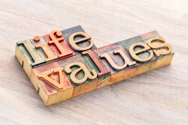 Valores de vida palavra abstrato em tipo de madeira — Fotografia de Stock