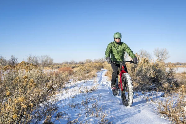 Kışın şişman bisiklete binmek — Stok fotoğraf