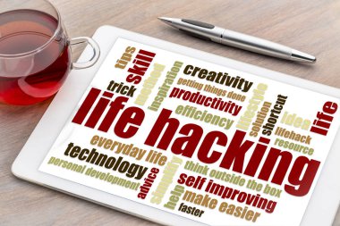 life hacking word cloud on tablet clipart