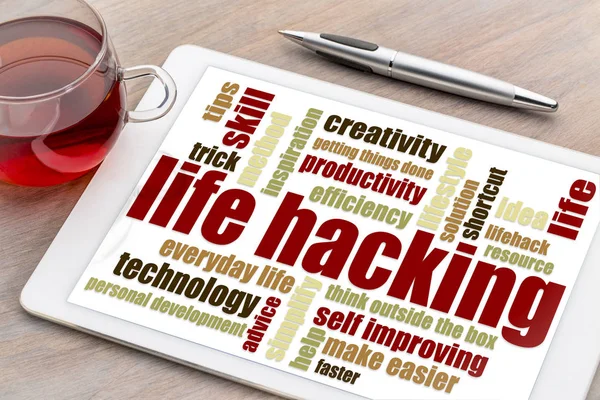 Life hacking word cloud on tablet — Stock Photo, Image
