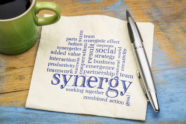 Synergie word cloud op servet — Stockfoto