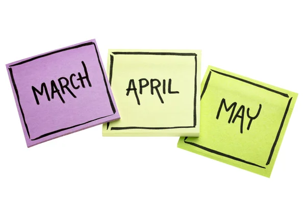 March, April and May on sticky notes — Stock Photo, Image