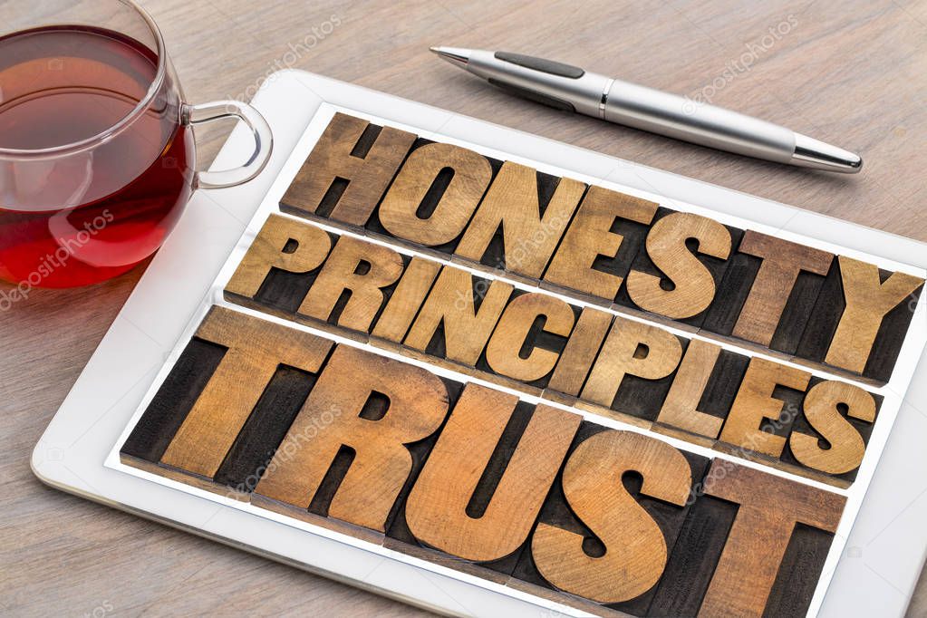 honesty, principles and trust word abstract ontablet