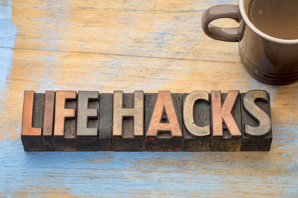 Life hacks word abstract in wood type — Stock Photo, Image