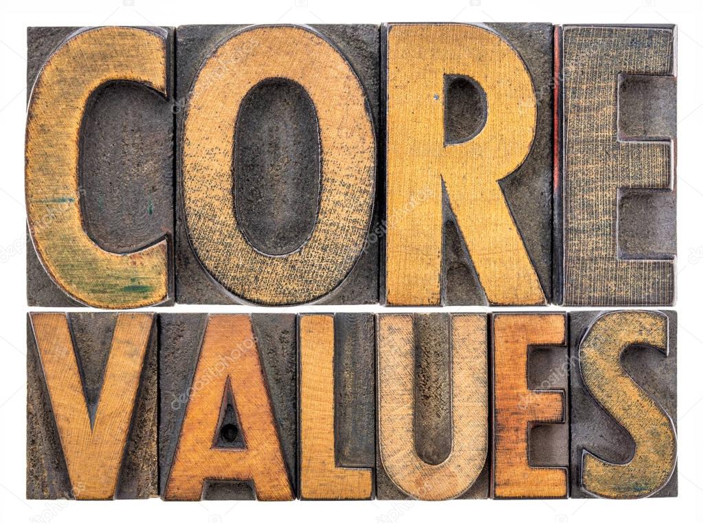 core values word abstract in vintage wood type