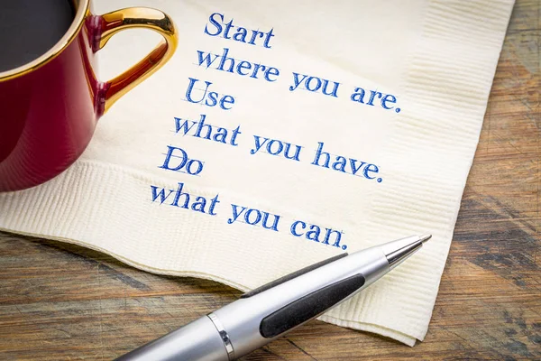 Start where you are - inspiraitonal text on napkin — Stock Photo, Image