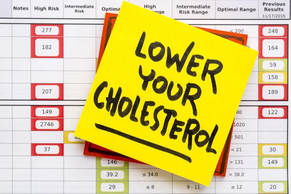 Lower your cholesterol note and test results — Stock Photo, Image