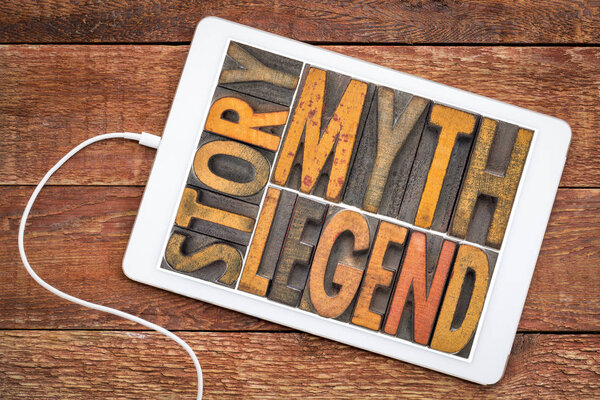 story, myth, legend - words in vintage wood type
