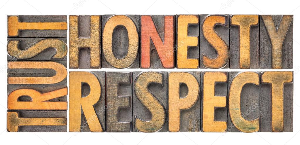 trust honesty, respect word abstract in wood type