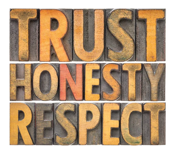 Confiança, honestidade, respeito palavra resumo no tipo de madeira — Fotografia de Stock