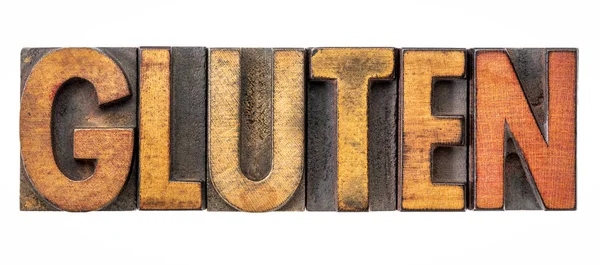 Palavra glúten em tipografia vintage tipo de madeira — Fotografia de Stock