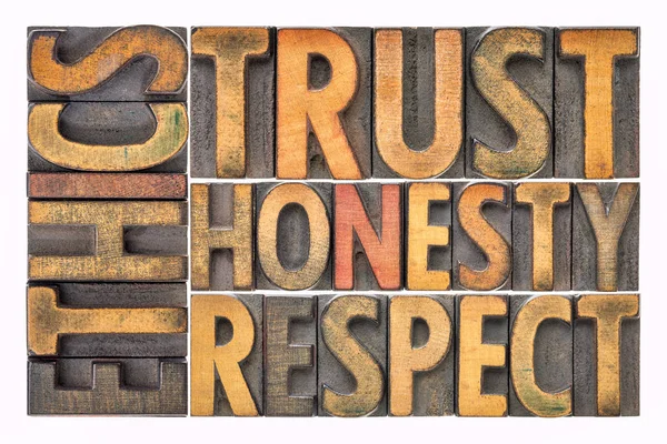 Етика, довіра, чесність, повага абстрактне слово в деревині — стокове фото