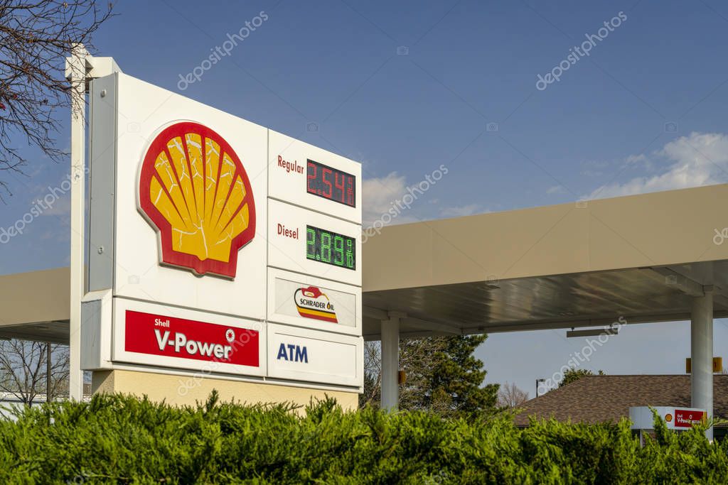 Fort Collins, CO, USA - April 30, 2018: Shell gas station displaying current gas prices.