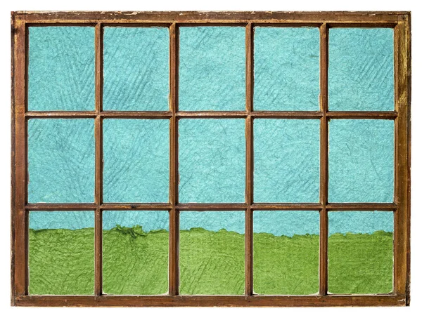 Зелене поле і блакитне небо вид на вікно — стокове фото