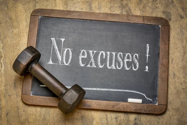 No excuses - motivational text on blackboard — 스톡 사진