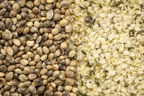 Hemp seeds and heart background — Stock Photo, Image