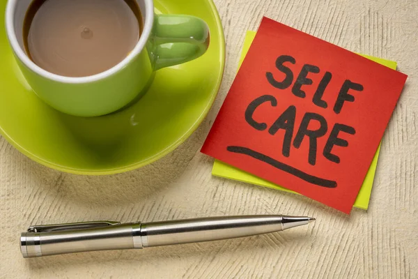 Self care reminder note with coffee — Stockfoto