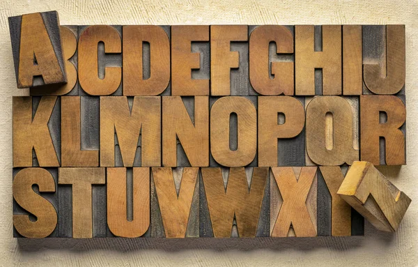 Alphabet in vintage letterpress wood type printing blocks — 스톡 사진