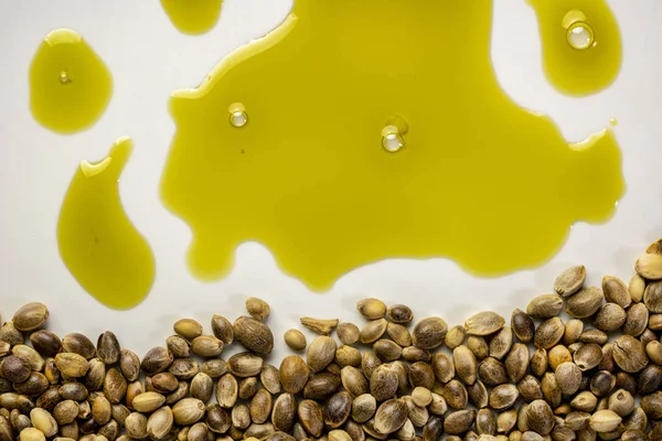Suchá semena konopí a olej abstraktní — Stock fotografie