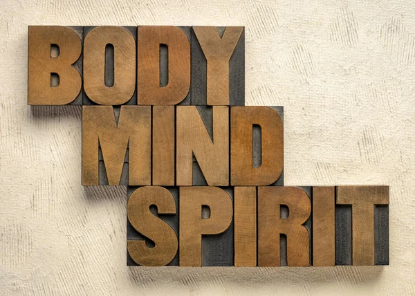 Body Mind Spirit Words Vintage Wood Letterpress Printing Blocks Textured — Stock Photo, Image