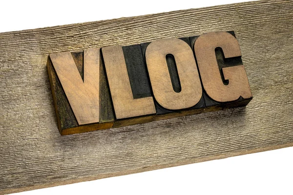 Vlog Video Blog Woord Vintage Letterpers Hout Type Tegen Houten — Stockfoto