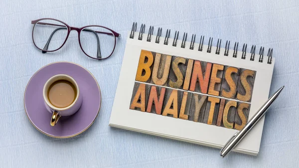 Business Analytics Word Abstract Vintage Letterpress Wood Type Sketchbook Cup — Stock Photo, Image