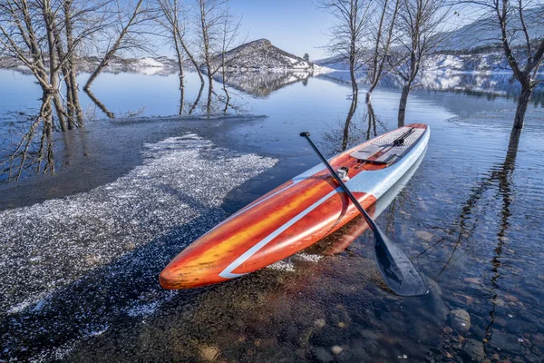 パドル付きのパドルボードと部分的に凍結した湖の安全リードを立てる コロラド州北部のHorsetooth貯水池 冬のパドリング フィットネス トレーニングコンセプト — ストック写真
