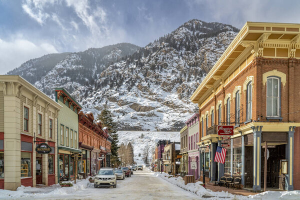 Georgetown, CO, USA - February 12, 2020: 6th Street in Georgetown, historic center of the mining industry in Colorado during the late 19th century, winter scenery.