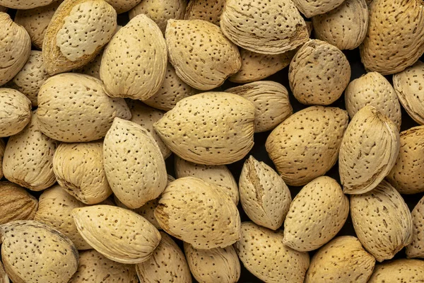 Almendras Cáscaras Fondo Primer Plano Concepto Superalimento —  Fotos de Stock