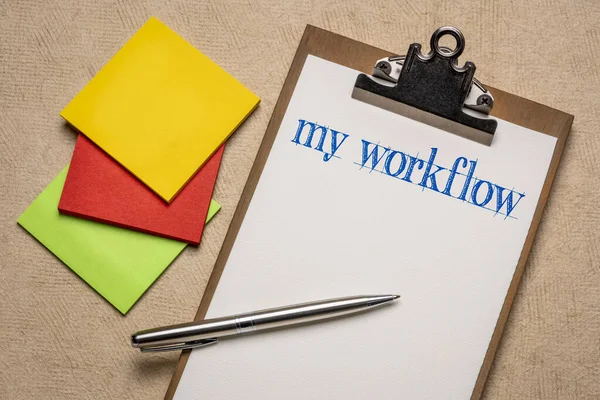 Mijn Workflow Handschrift Een Klembord Bedrijfsplanning Project Efficiëntie Productiviteit Concept — Stockfoto