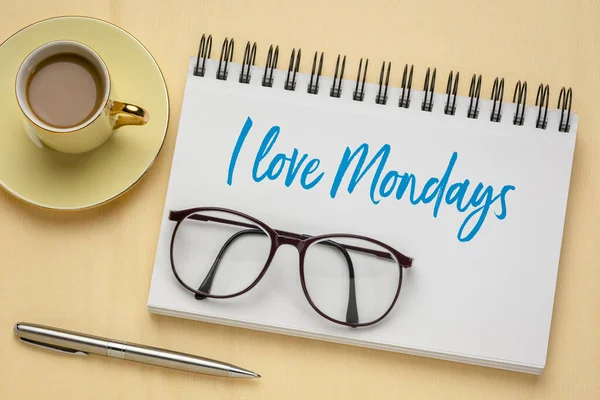 Love Mondays Handwriting Sketchbook Cup Coffee Positive Attitude Mindset Concept — Stock Photo, Image