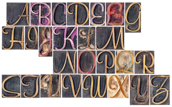Úplné Anglické Abecedy Okrasné Skript Dřevo Typ Koláž Izolované Knihtisk — Stock fotografie