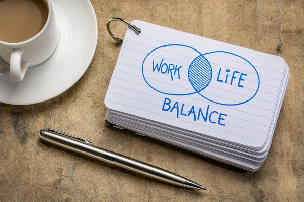 工作与生活平衡的概念 配杯咖啡的索引卡上的草图 — 图库照片
