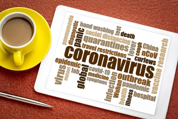 Coronavirus Virus Covid Brote Palabra Nube Una Tableta Digital Salud —  Fotos de Stock