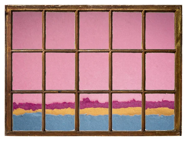 Abstract Pink Dusk Dawn Lake Landscape Seen Vintage Sash Window — Stock Photo, Image