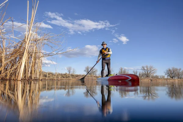 Senior Männlicher Paddler Neoprenanzug Paddelt Mit Einem Stand Paddleboard Auf — Stockfoto