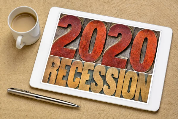 2020 Recession Word Abstract Vintage Letterpress Wood Type Digital Tablet — Stock Photo, Image