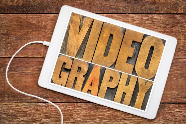 Videography Word Abstract Vintage Letterpress Wood Type Digital Tablet Media — Stock Photo, Image
