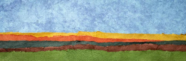 丘や緑のフィールド手作りのテクスチャ紙 パノラマのウェブバナーのシートで作成されたカラフルな風景抽象 — ストック写真