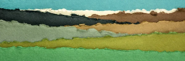 カラフルな抽象的な谷の風景 リサイクルされた綿の生地 長いウェブバナーから生成されたカラフルな手作りのインドの論文のコレクション — ストック写真