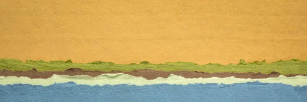Blue Lake Abstract Landscape Created Handmade Indian Rag Paper Panoramic — Stock Photo, Image