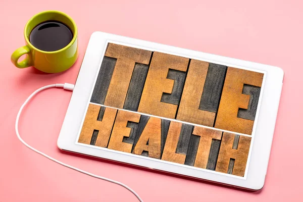Telehealth Cuvânt Abstract Tipul Lemn Epocă Tabletă Digitală Sănătate Asistență — Fotografie, imagine de stoc