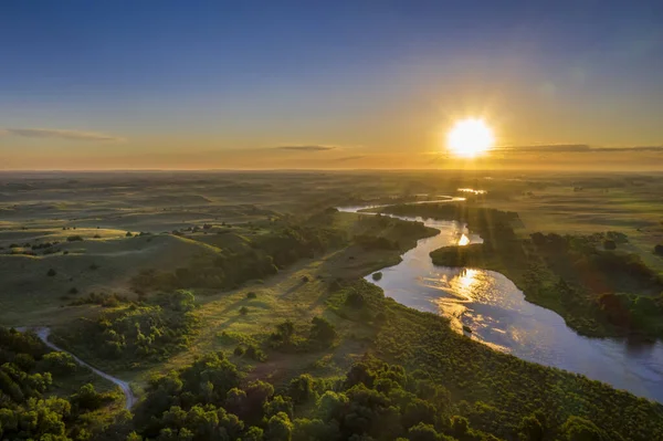 Amanecer Sobre Río Triste Serpenteando Través Nebraska Sandhills Bosque Nacional — Foto de Stock