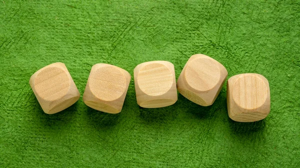 Een Rij Blanco Houten Dobbelstenen Blokjes Een Groene Handgemaakte Schors — Stockfoto