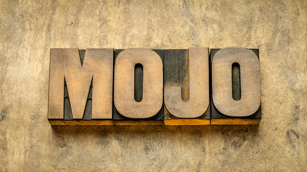 Mojo Word Abstract Vintage Letterpress Wood Type Magic Power Good — Stock Photo, Image