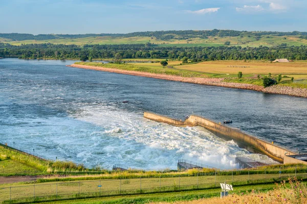 Fort Randall Dam and spillway from hydro power plant on Missouri River in South Dakota
